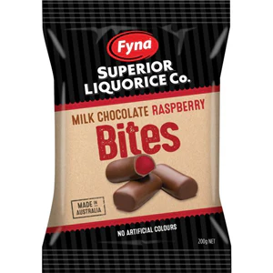 Fyna Superior Liquorice Milk Choc Raspberry Bites 200g