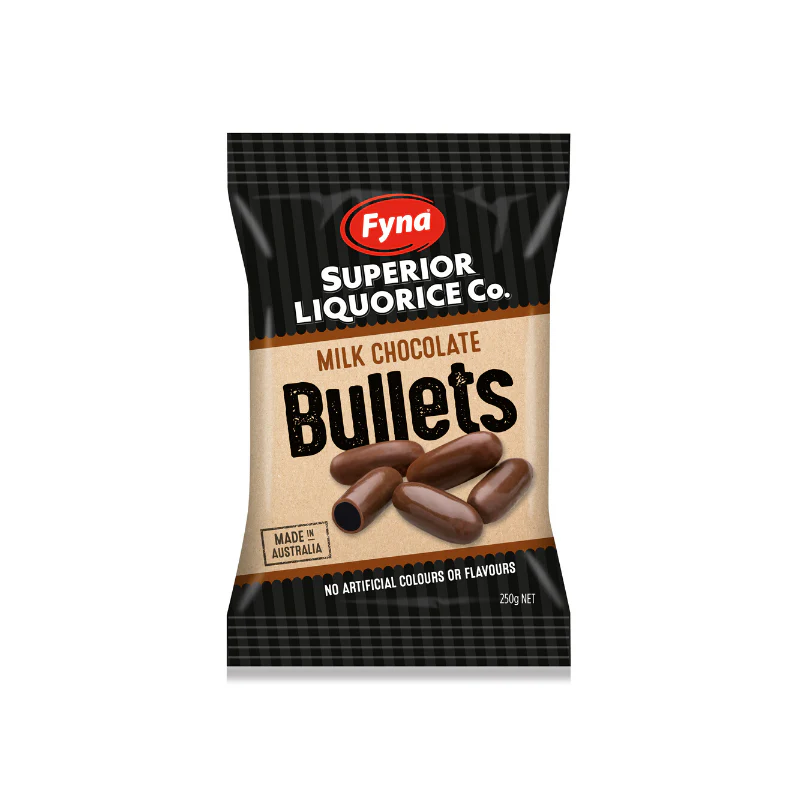 Fyna Superior Liquorice Milk Choc Bullets 250g