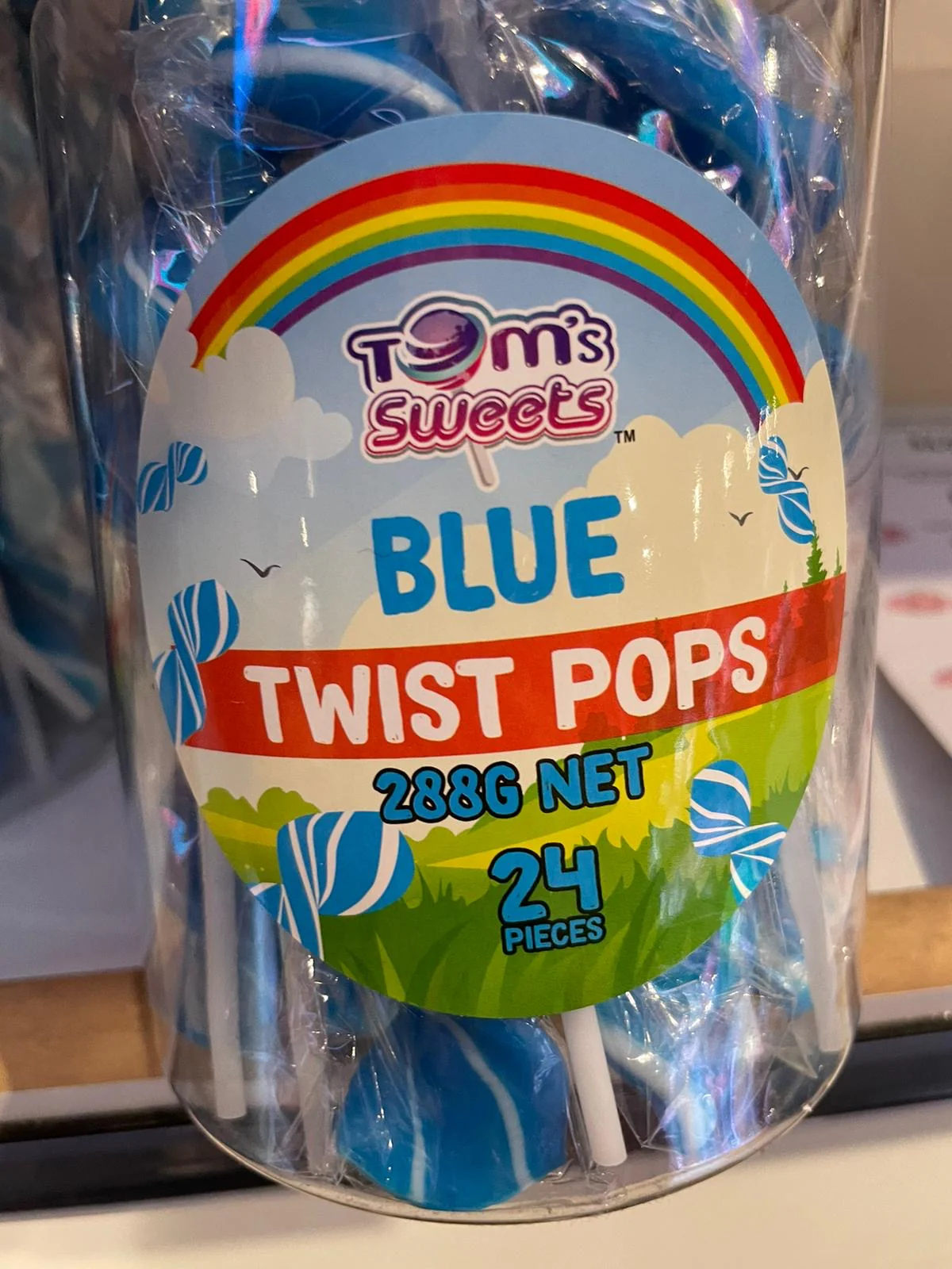 Tom's Sweets blue TWIST pops in tub 12g x 24 pieces