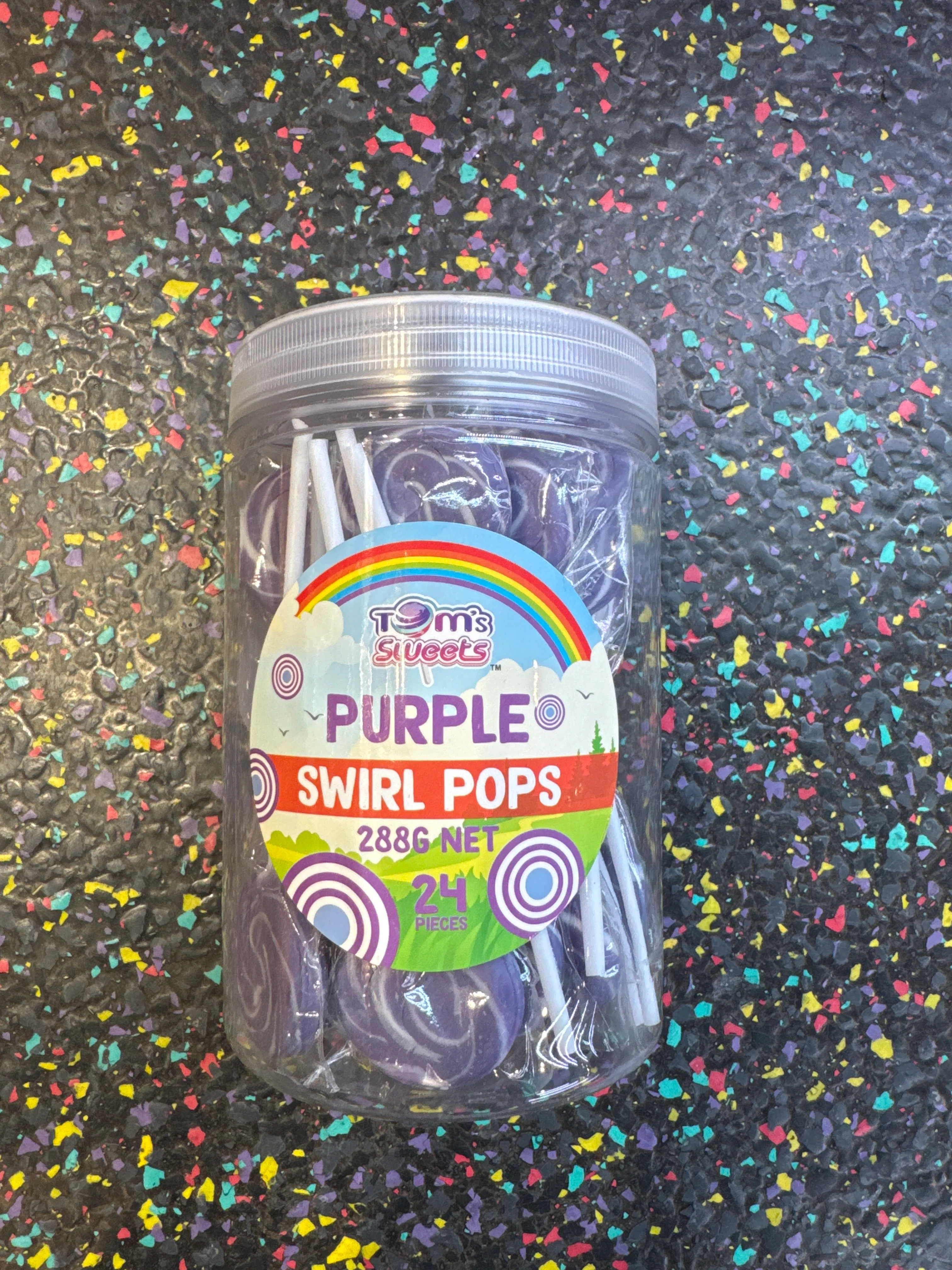 Tom's Sweets purple swirl pops in tub 12g x 24 pieces